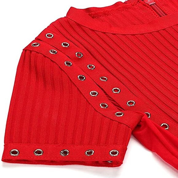 Punch Hole Punk Look Red Mini Dress Bodycon Short Sleeve Ribbed Bandage Fit M - Picture 7 of 9